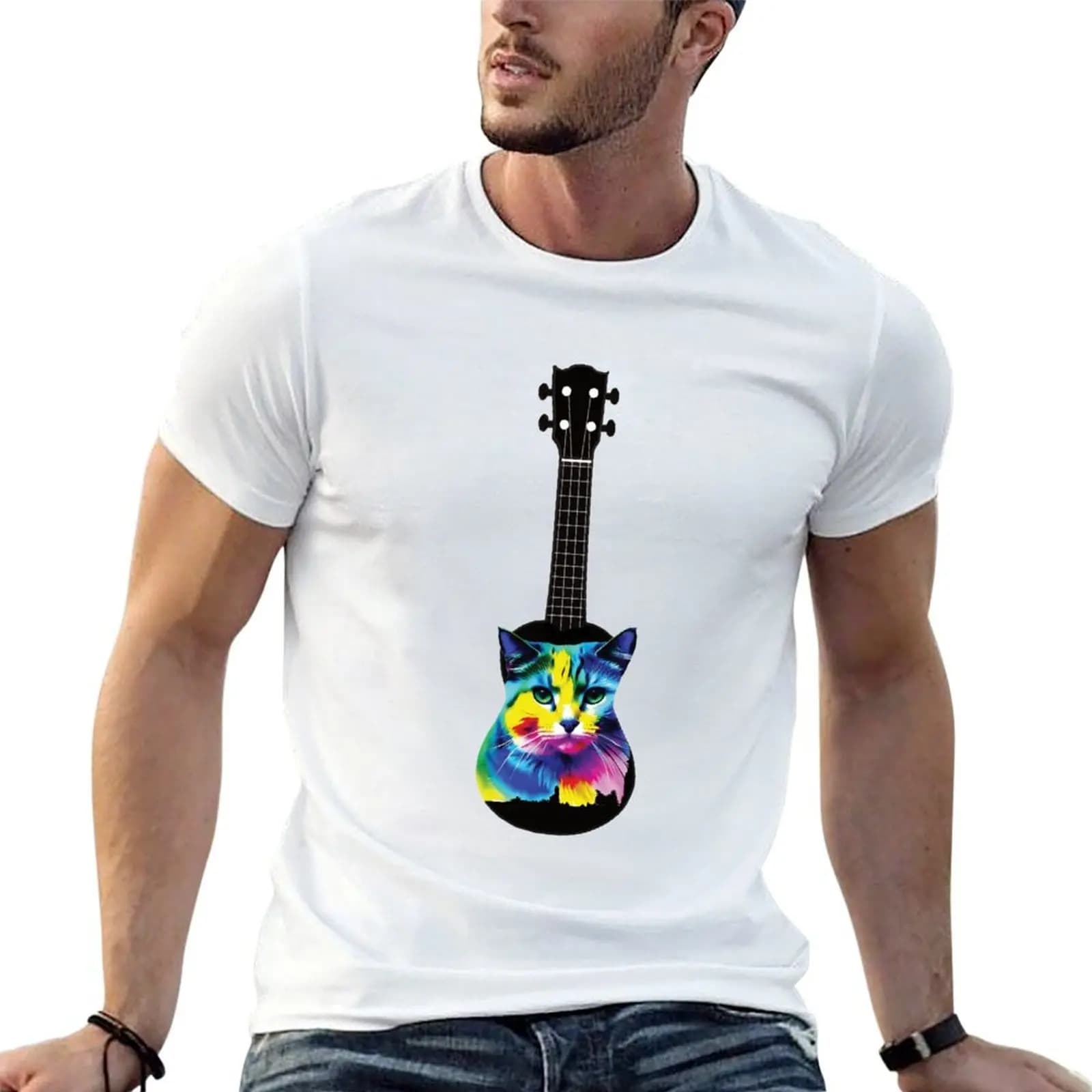 Cat Ukulele - T-shirt Ukulele, maglietta anime, maglietta personalizzata, magliette divertenti, maglietta da uomo