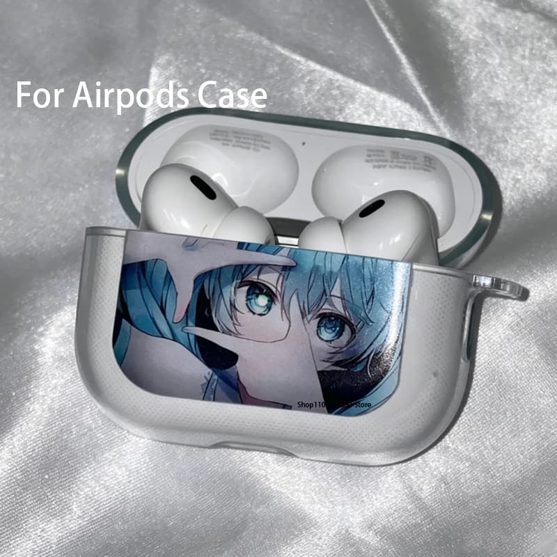 Anime Cute Blue Hair Girl Cartoon Desgin Earphones Case For AirPods 1 2 3 4 Pro / Pro2 Pro3 Transparent Soft Protective Cover