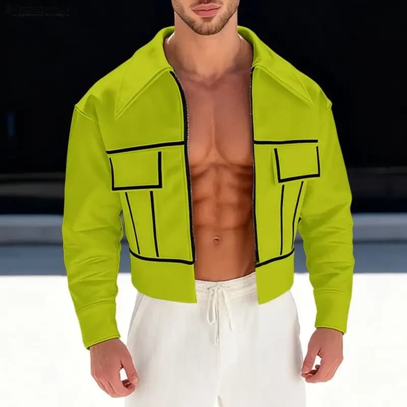 INCERUN Giacche da Uomo con Patchwork, Colletto a Risvolto, Maniche Lunghe, Cerniera, Giubbotti Corti da Uomo, Streetwear 2026, Giacche Casual Sottili alla Moda da Uomo S-5XL