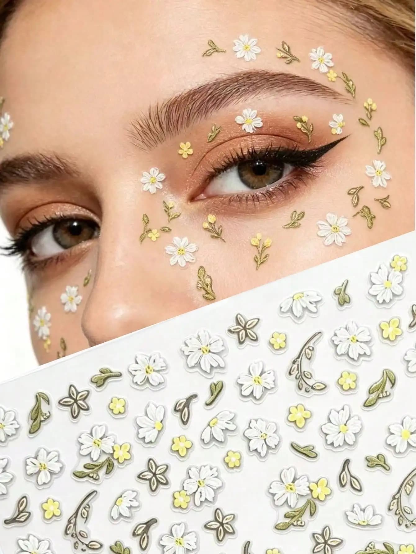 1 adesivo per nail art con margherite fresche in rilievo, che esalta l'atmosfera primaverile, fiori gialli e bianchi con delicate foglie verdi, adatto per il trucco del viso, lo styling sul palco, la decorazione quotidiana, impermeabile e resistente, facile da creare per un look primaverile Y2K da favola