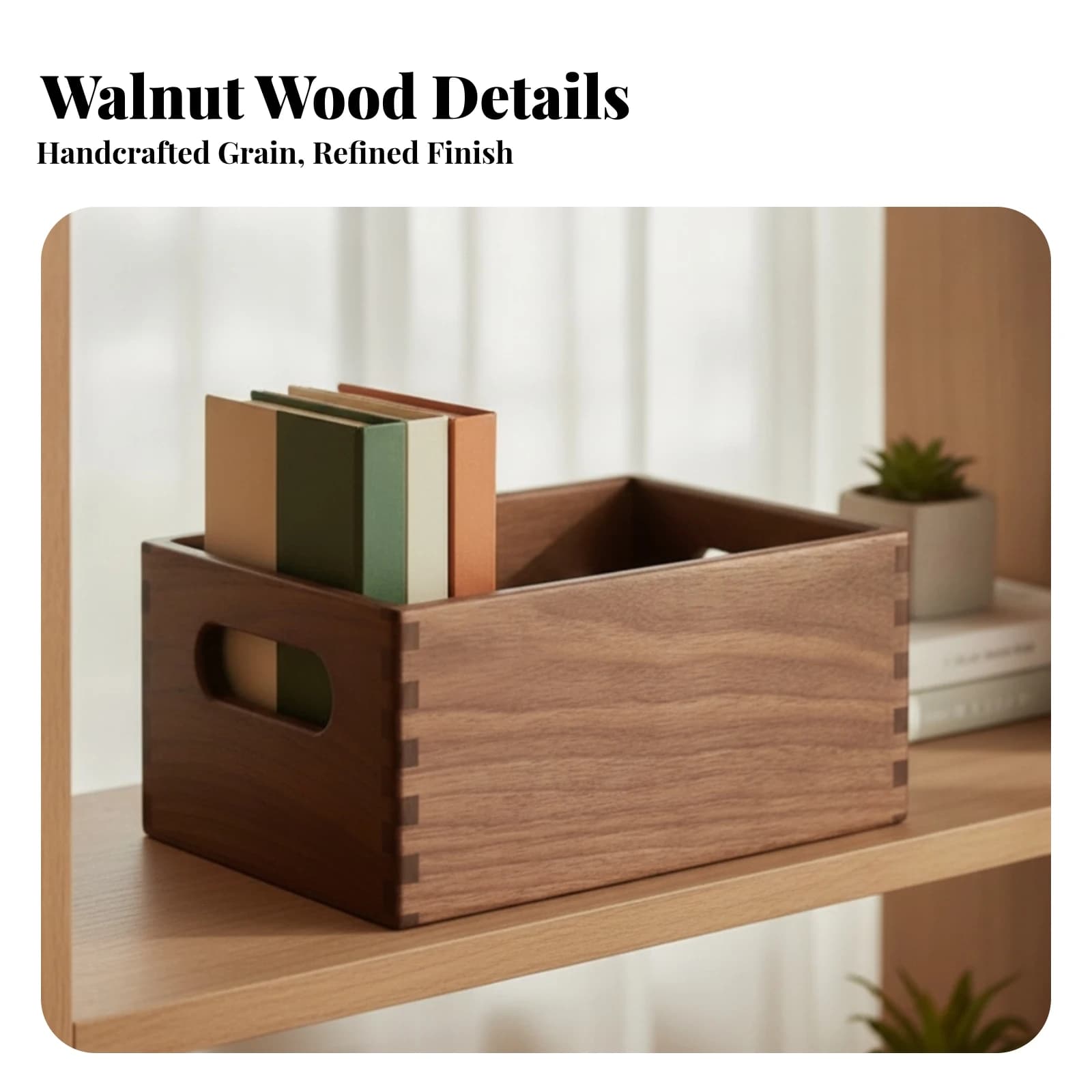 Wooden Storage Basket with Handles Walnut-Toned Storage Box with Handles Rectangular Wooden Crate Rustic Container Farmhouse