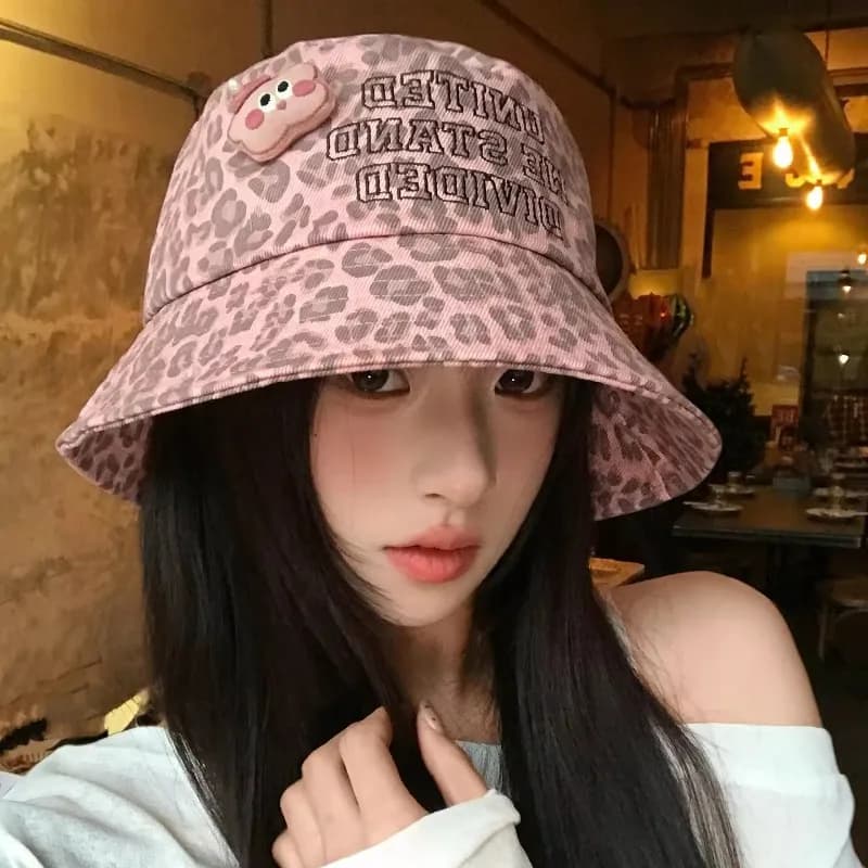 New Bucket Hats with Leopard Print and Cartoon Stickers, Women's Hats for Spring Summer, Solar Protection, Versatile and Fashion, Y2K Style