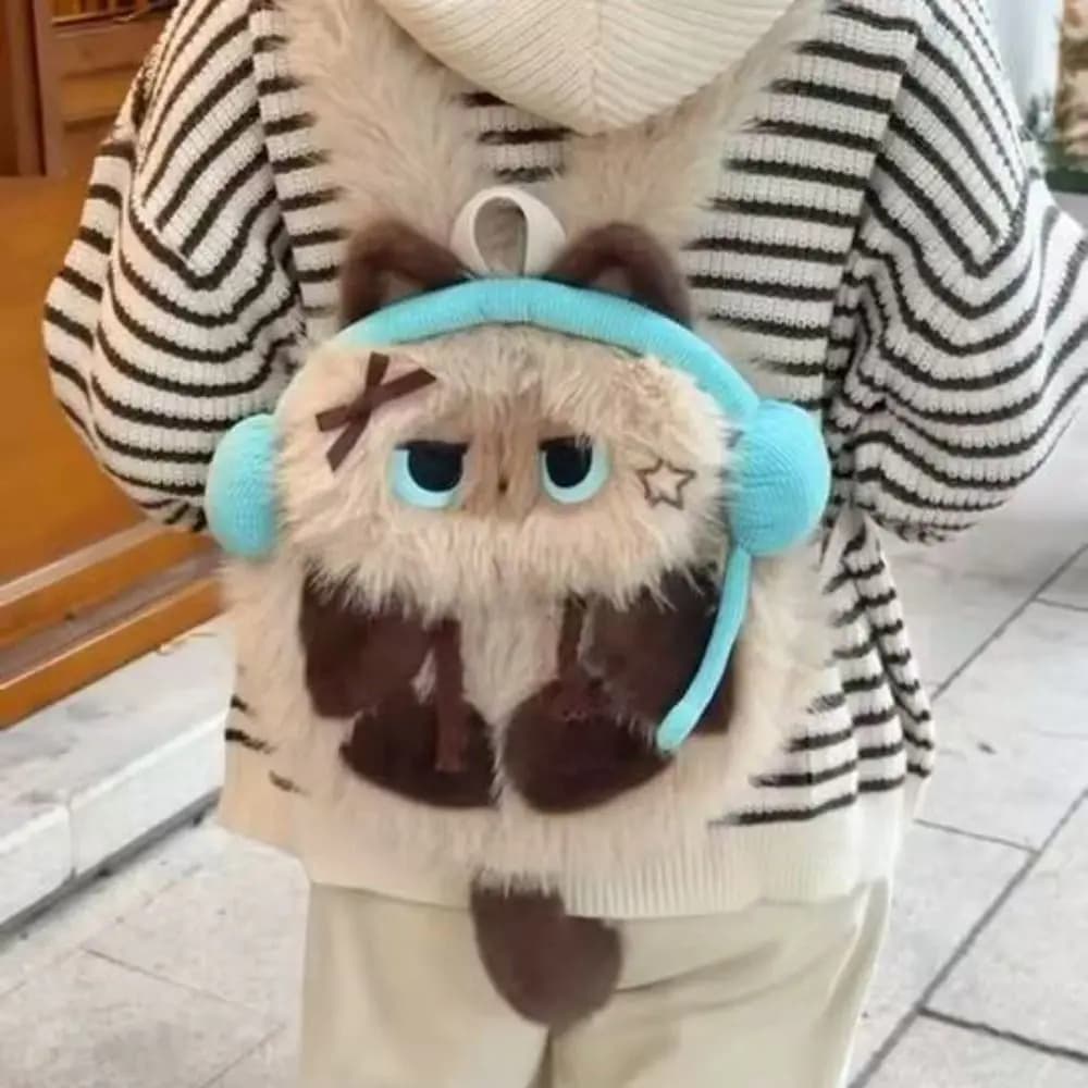 Zaino Peluche Gatto Siamese Kawaii, Borsa a Tracolla Realistica a Forma di Animale, Borsa Morbida per Studenti, Shopping