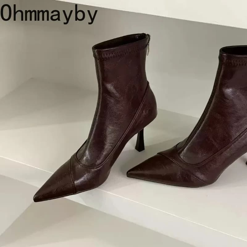 Winter Vintage Thick Heel Women Ankle Boots Elegant Pointed Toe Soft Leather Shoes Street Style Banquet Party Short Botas Mujer