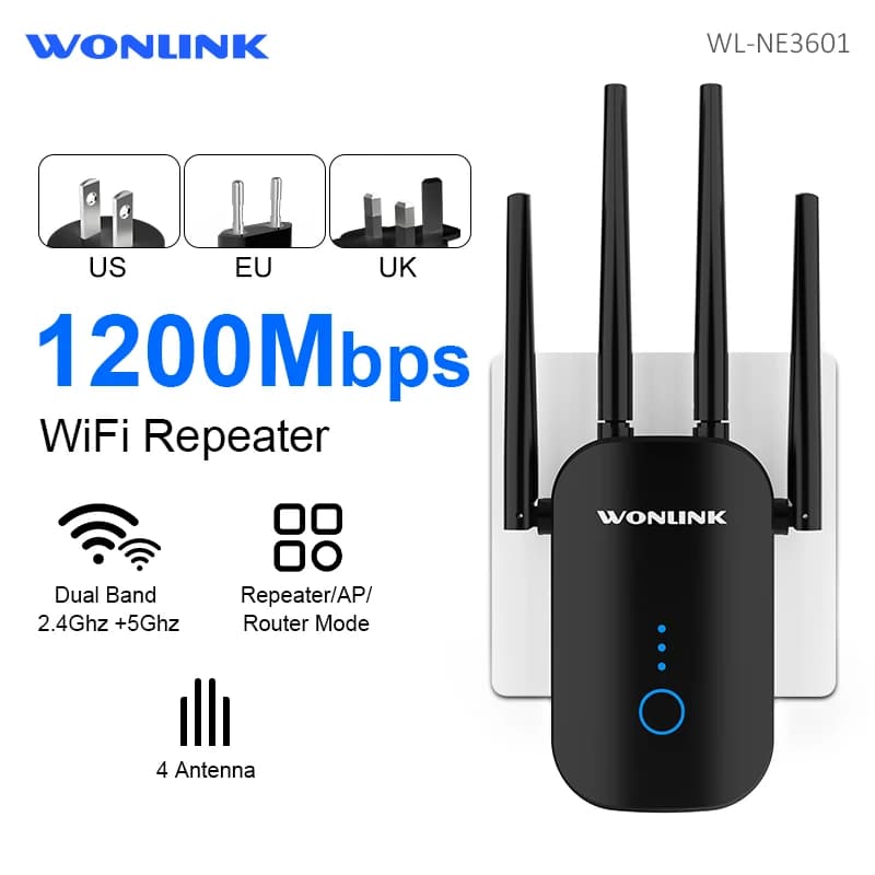 Wonlink 1200Mbps Ripetitore WiFi A Lungo Raggio 2.4G e 5G WiFi Extender Spina UK 802.11AC Wlan Gamma di Rete Amplificatore Ripetitore Antenna