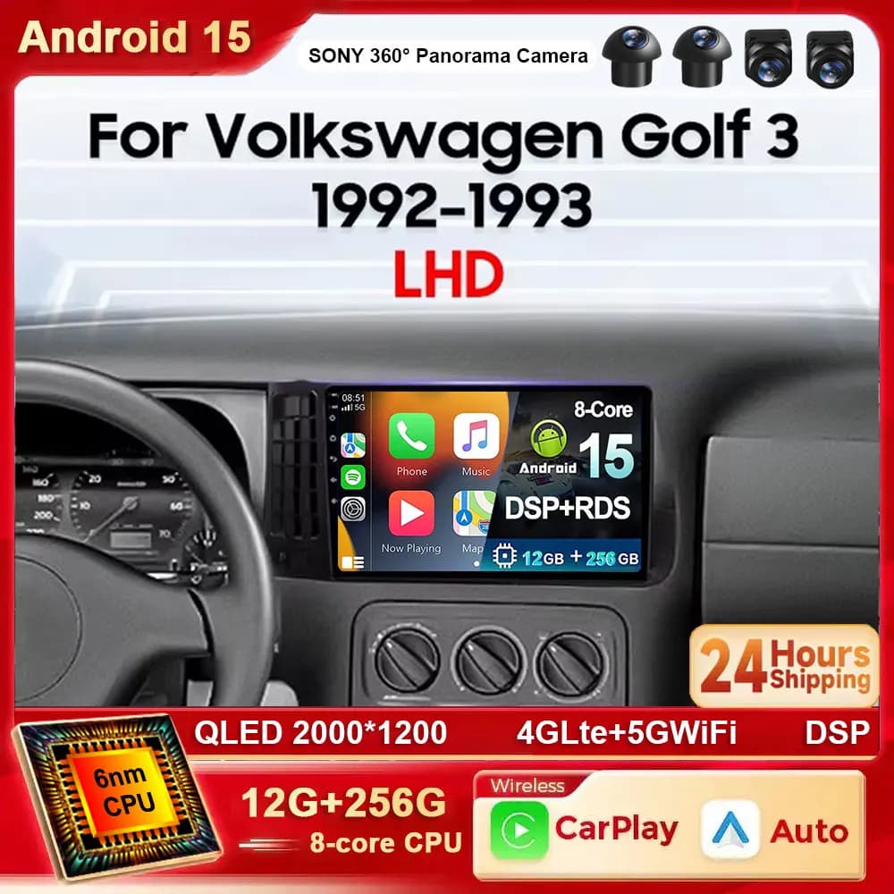 Autoradio Android 15 per VW Volkswagen Golf 3 1992-1993 2K con Carplay, Lettore Multimediale Video, Navigatore GPS, Stereo, 4G, WIFI, BT, DSP