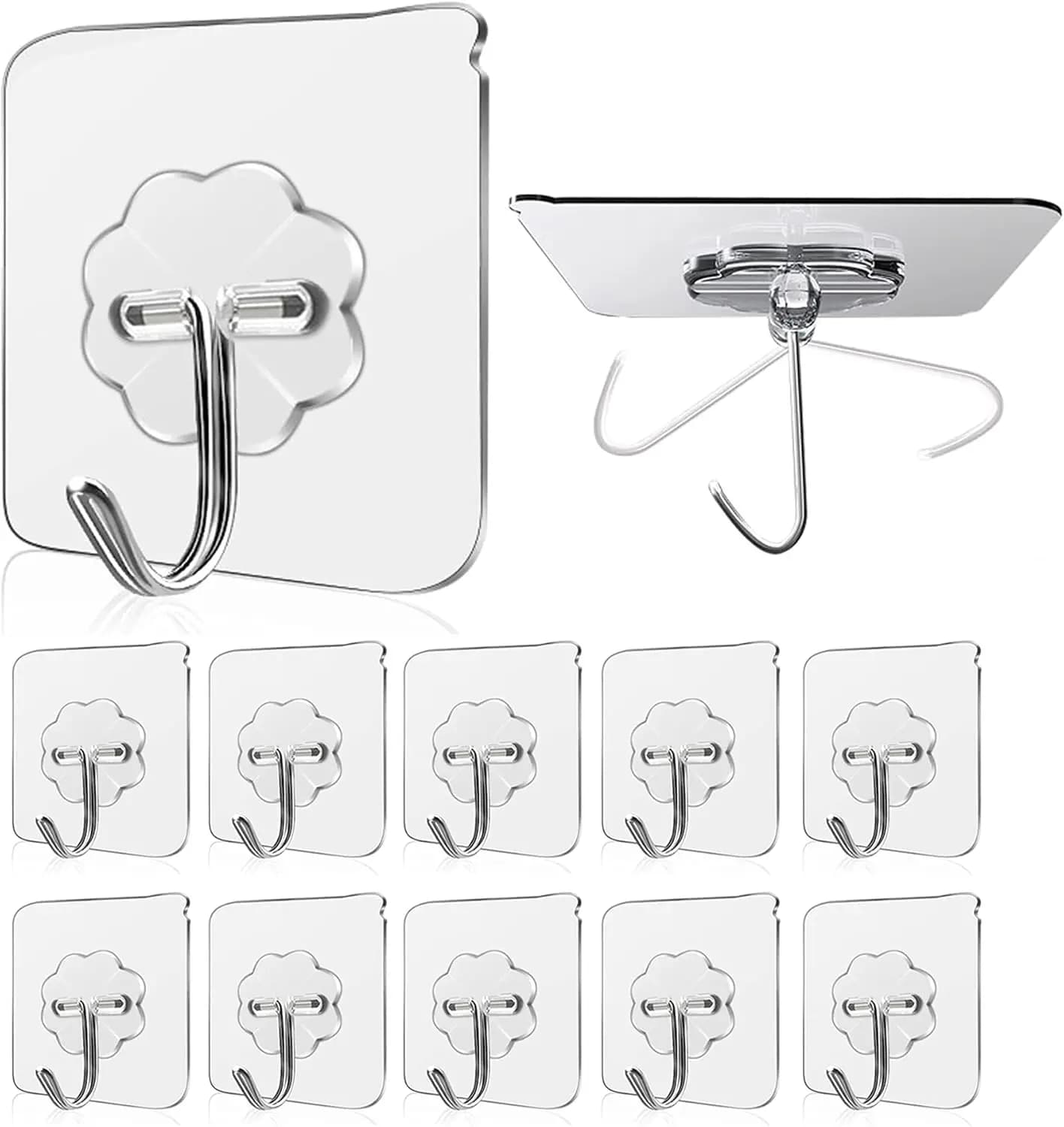 Ganci da parete trasparenti resistenti, carico massimo 33 libbre, adesivo impermeabile e resistente all'olio, design senza cuciture (confezione da 10)