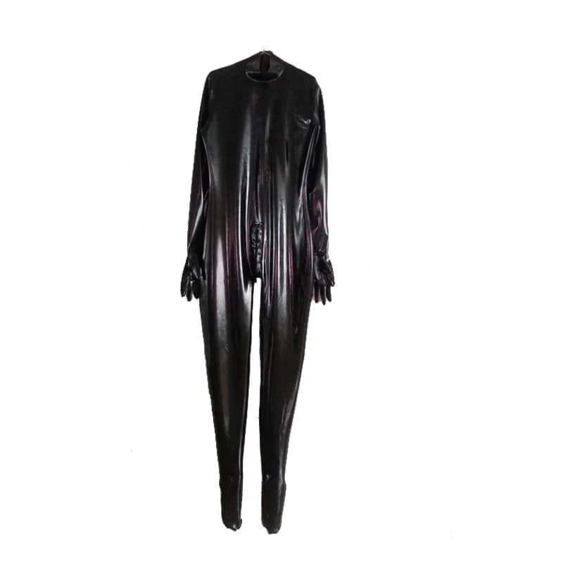 Body catsuit unisex nero in lattice di gomma 100% con guanti taglia S-XXL