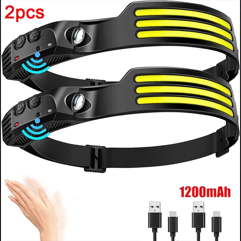 Lampada Frontale LED COB Portatile a Induzione, Ricaricabile USB, Batteria Interna da 1200mAh, Torcia da Testa per Campeggio, Pesca e Uso Esterno