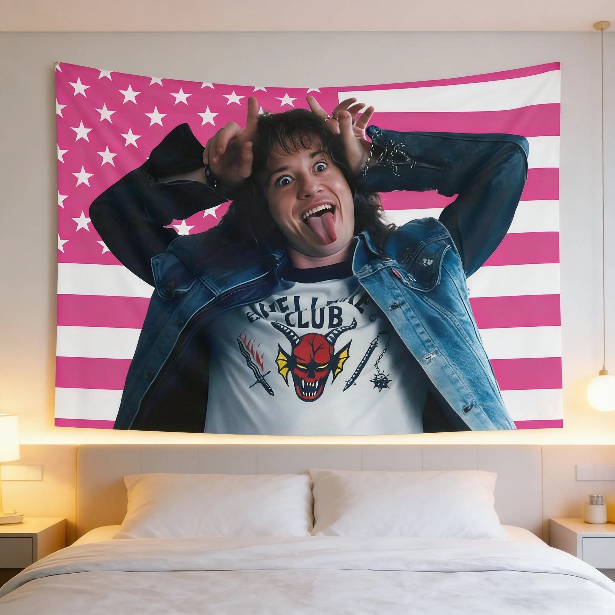 Eddie Munson Pink Flag Tapestry, Joseph Quinn Inspired Print, Assorted Grommets, Bright Aesthetic Wall Art Decoration