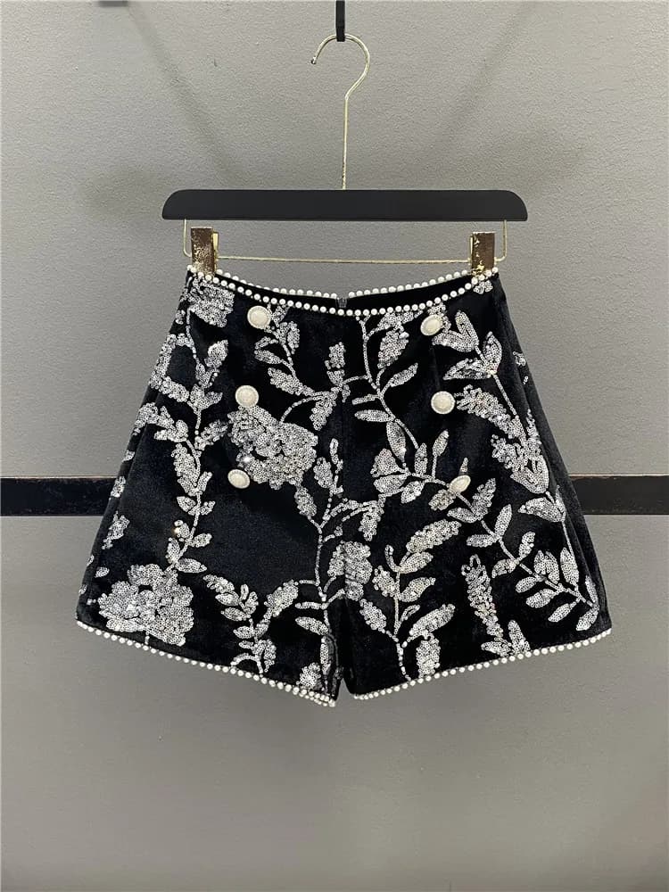 Heavy Embellished Sequin Velvet Short Pants Women's High Waist Slim Fit Casual Wide Leg Boot Pants Spring 2026 New Style