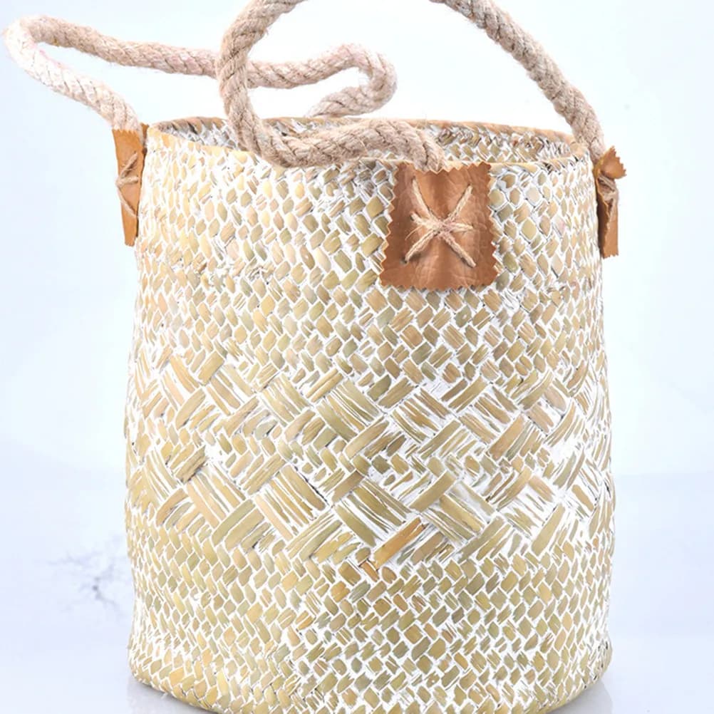 Natural Seagrass Woven Flower Pot Basket Handmade Braided Storage Box Multi Use Laundry Beach Plant Container Table Top Floor