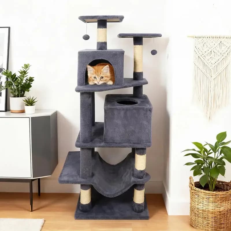 Albero per Gatti da 57 Pollici con Doppia Cuccia, Amaca e 2 Palline Pendenti - Grigio