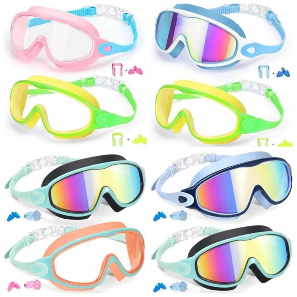 Confezione da 2 Occhialini da Nuoto per Bambini con Tappi per le Orecchie Integrati, Regolabili, Comodi, Antiappannamento, Anti-UV, con Clip Nasale, Impermeabili