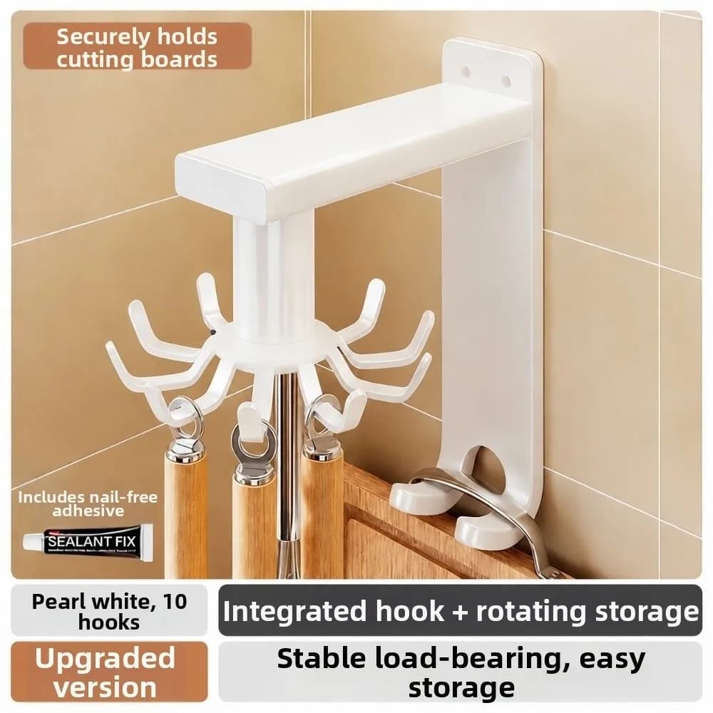 Wall Mounted Kitchen Hook Rack 360 Degrees Rotating No-Drill Utensil Organizer Multi-Hook Heavy Duty Rotating Hook Rack Entryway