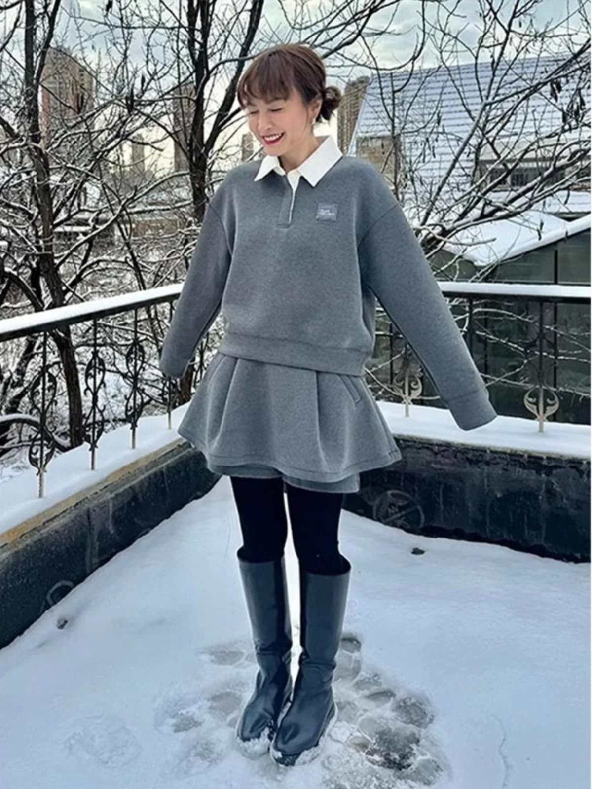 Gray Hoodie Skirt Pants Set Women's Fashion College Style Autumn Outfit Long Sleeve Collar Cotton Short Pants