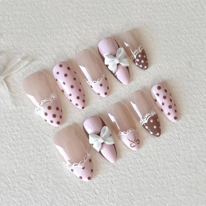 24PCS Sweet Pink French Press on Nails Brown Polka Dots 3D White Bowknot Fake Nails for Women Girl Almond False Nails Detachable