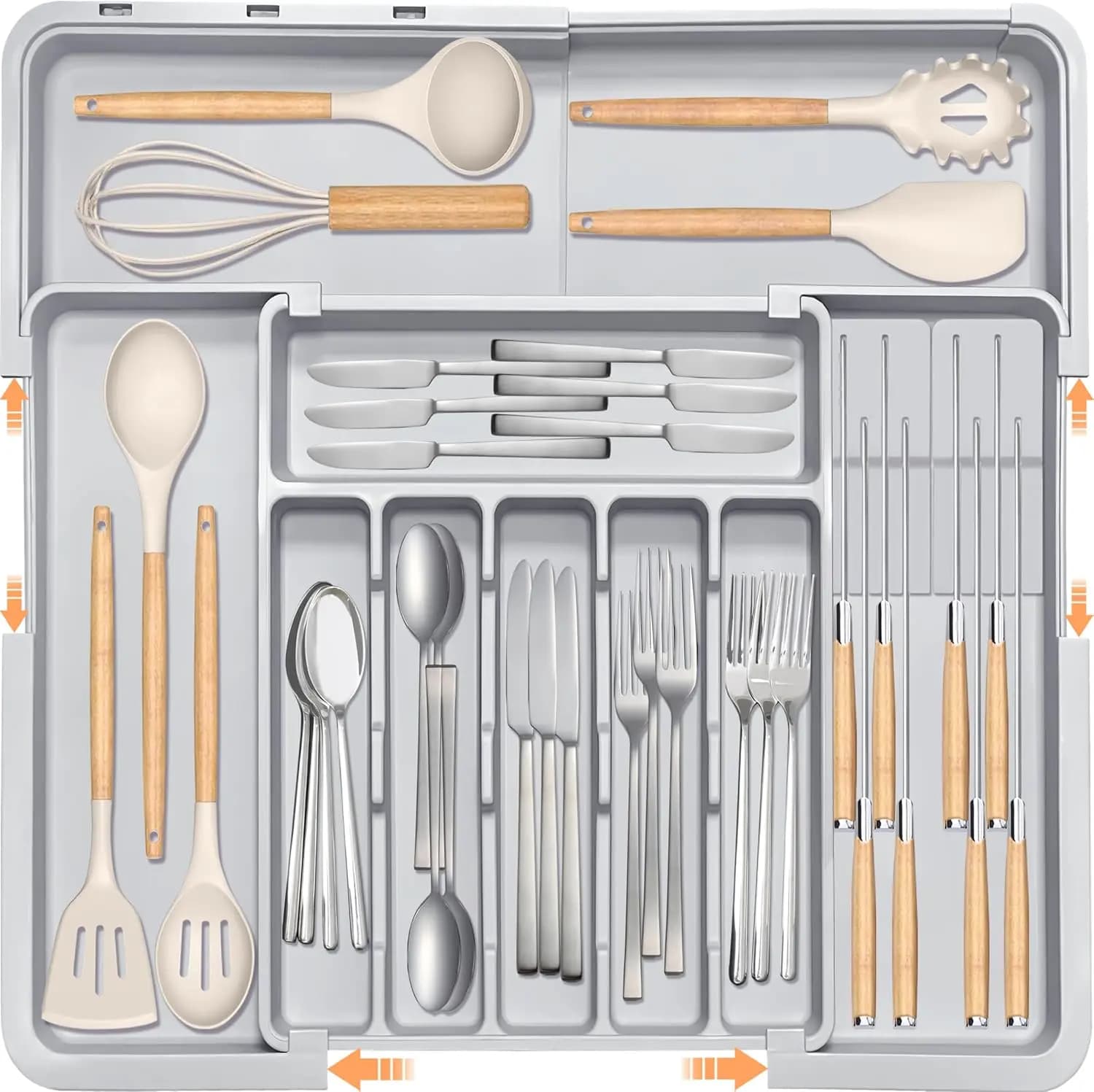 Organizzatore Regolabile per Cassetti Portaposate con 2 Portacoltelli per Utensili da Cucina e Posate, Supporto Espandibile in Plastica