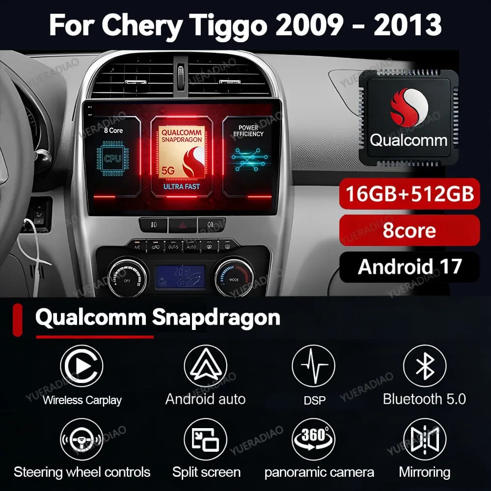 Autoradio Android 17 per Chery Tiggo 3 2009-2013, QLED 4G WIFI, Lettore Multimediale Video, GPS NAVI BT 2DIN Qualcomm