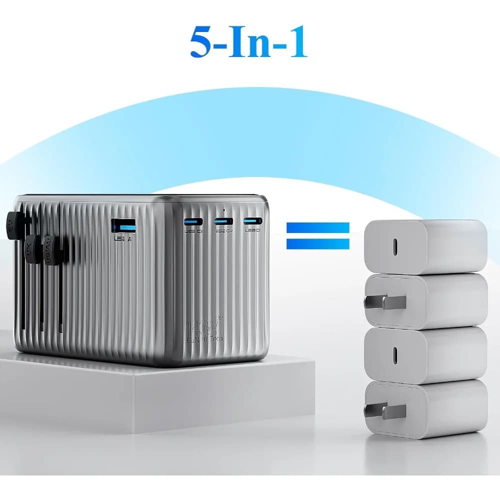 Adattatore da viaggio universale Caricabatterie rapido GaN PD da 140 W con 4 porte USB C USB A Convertitore CA in tutto il mondo per US EU UK AU