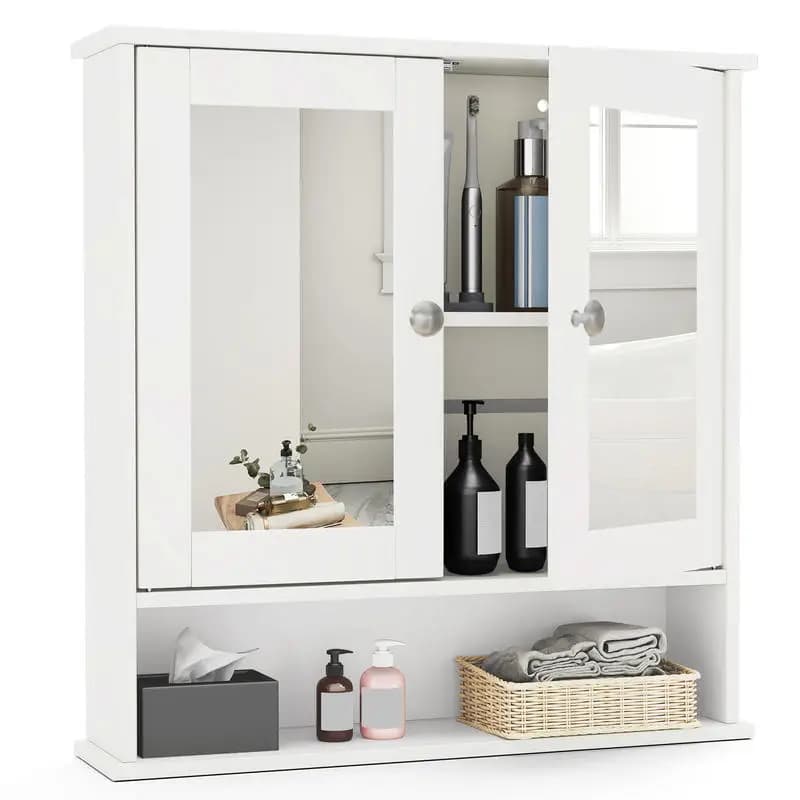 Bathroom Wall Mount Mirror Cabinet Organizer-White