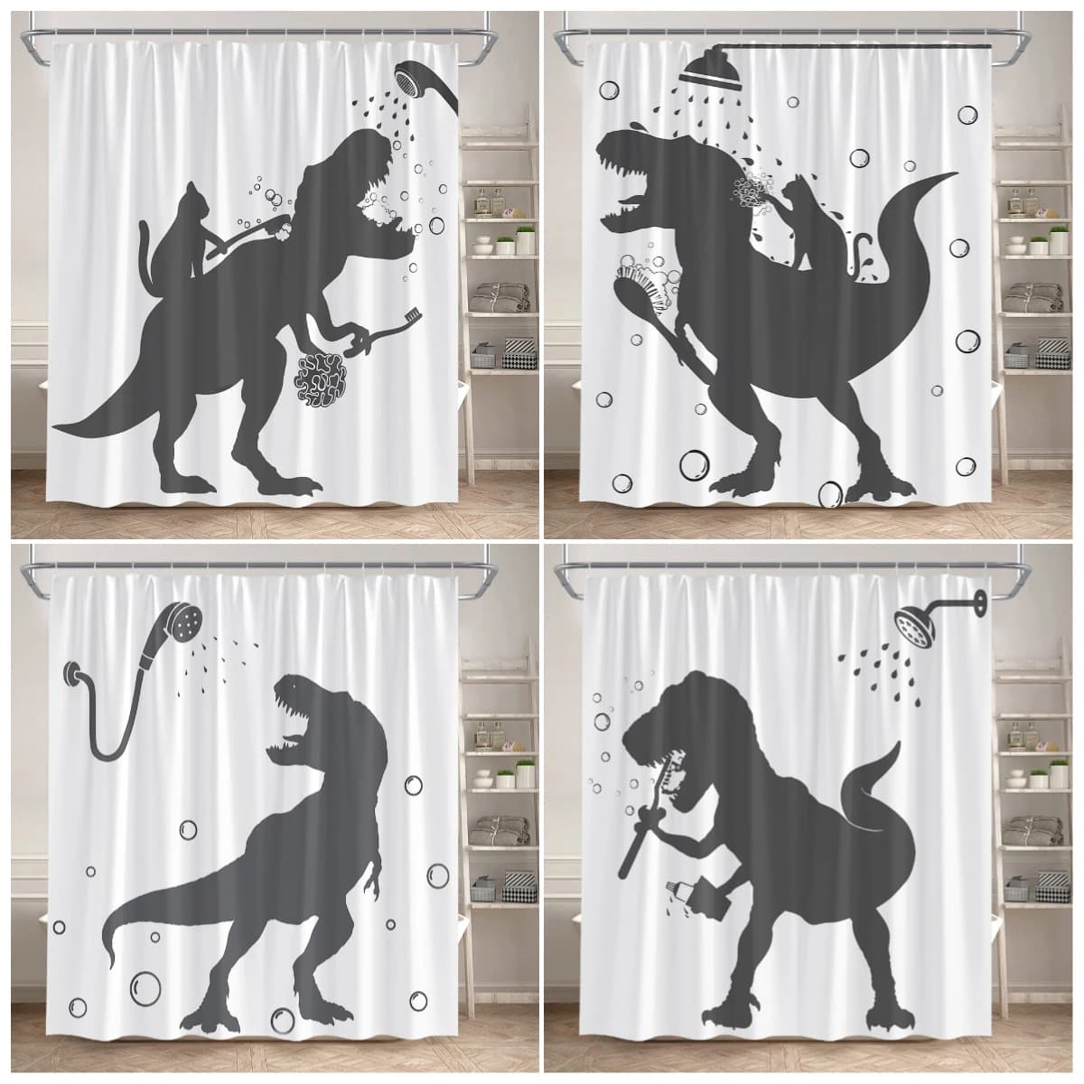 Divertenti tende da doccia dinosauro da bagno nero gatto animale Silhouette tenda da bagno per bambini moderna decorazione da bagno in poliestere con ganci