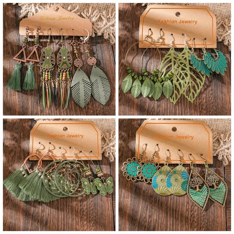 Boho Hippie Green Dangle Earring Set Women Vintage Hollow Leaf Dreamcatcher Beads Tassel Earrings Beach Festival Jewelry