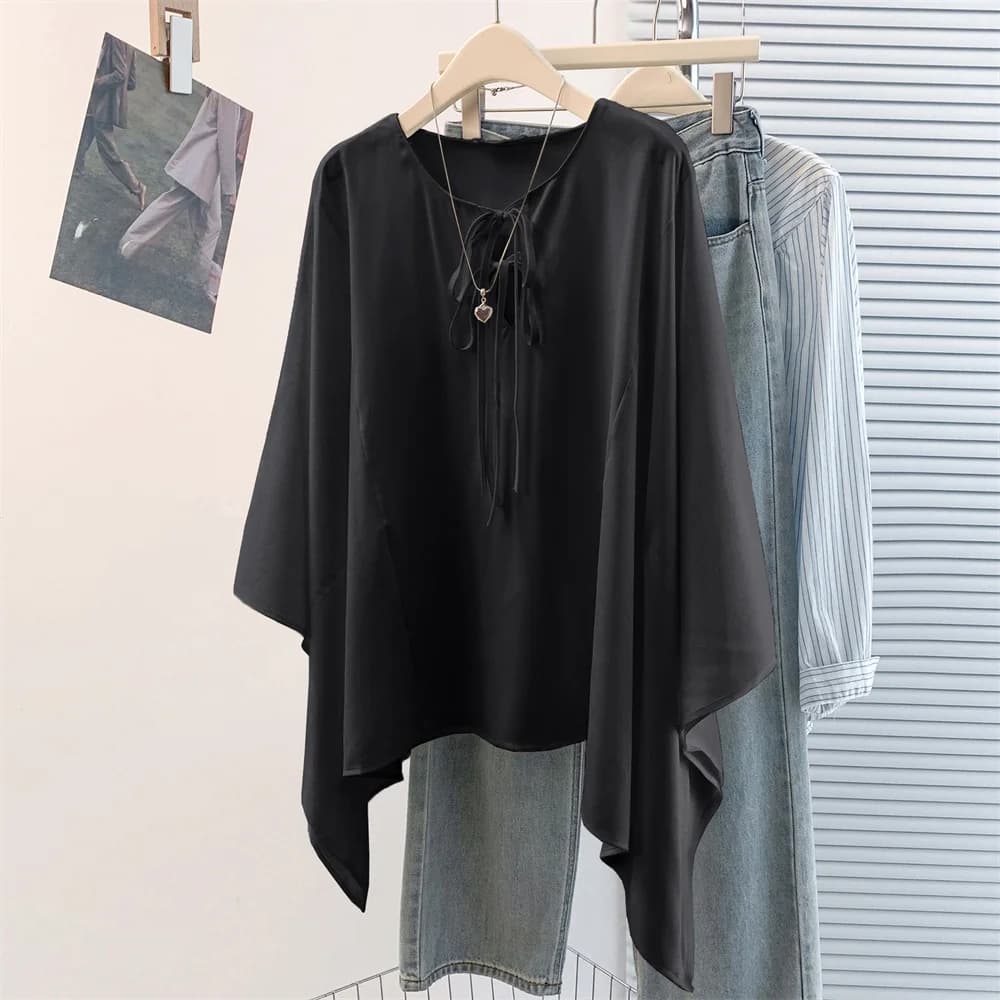 plus Size Women's T-Shirt with Belt Loose Batwing Sleeve Base Shirt Spring Autumn New Style Commute Artistic Style Regular Th...