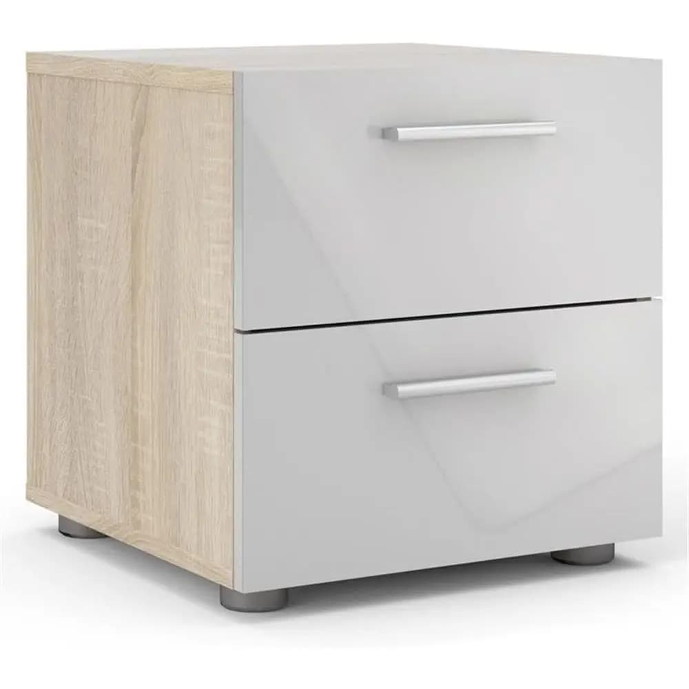 Modern 2-Drawer Nightstand, Oak Wood and White Gloss Finish, Metal Glides, Silver Plastic Handles, Compact Scandinavian Style Be