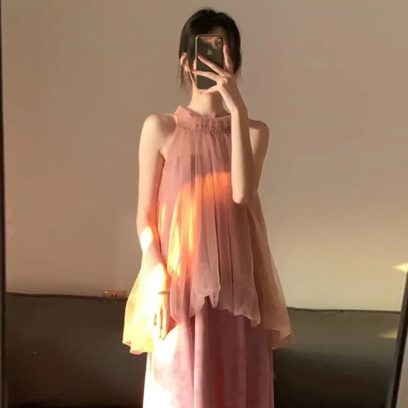 Elegant Pink Lace Neckline Dress Summer Design Sensation Small Audience False Two-Piece Morning Robe Skirt French Style Print...