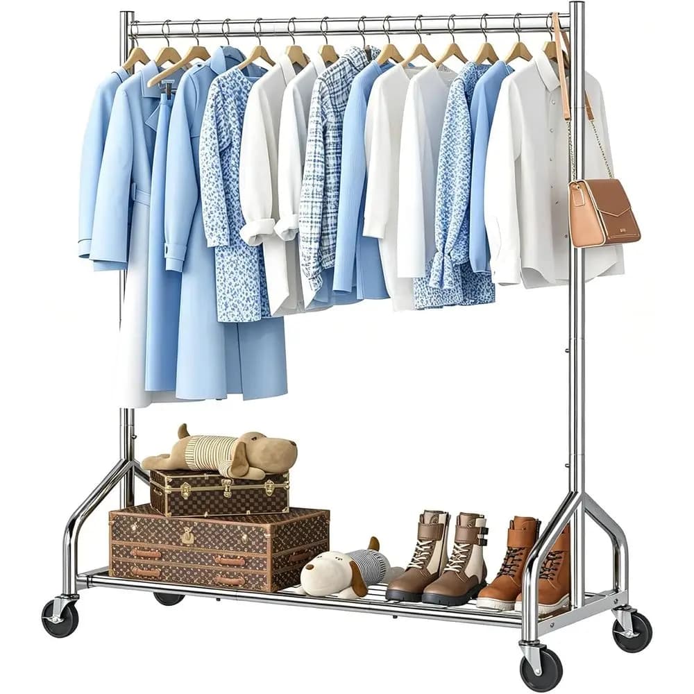 Rolling Garment Rack with Wheels & Mesh Storage Shelves, Clothes Hanger Load 450 LBS, Bedroom, Laundry Room, Silver
