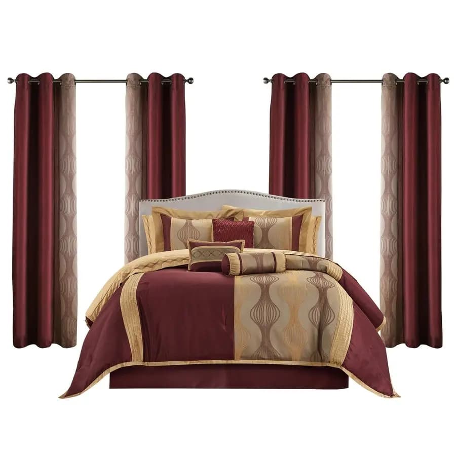 Set King Cover, Gold Wine, 15 Pieces All in One Package, Jacquard with Patchwork, Luxury Bed Set with Sheets, Curtains, Bed Covers