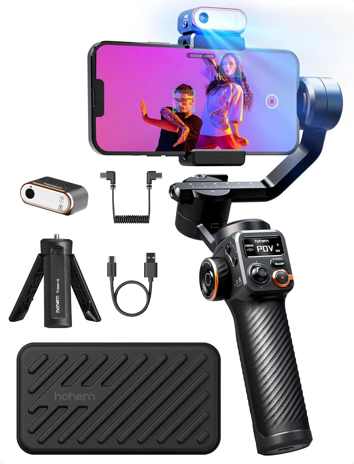 Gimbal for 3-axis smartphones with AI tracking, magnetic filling light, 18-hour battery for iPhone and Android video recording