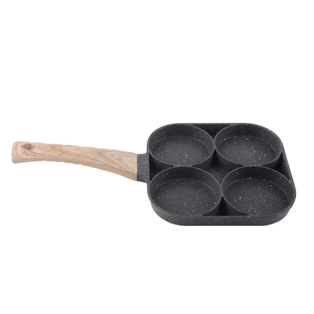 Padella per Uova a 4 Scomparti in Lega di Alluminio con Manico in Legno, Antiaderente, per Pancake, Bacon, Hamburger e Omelette