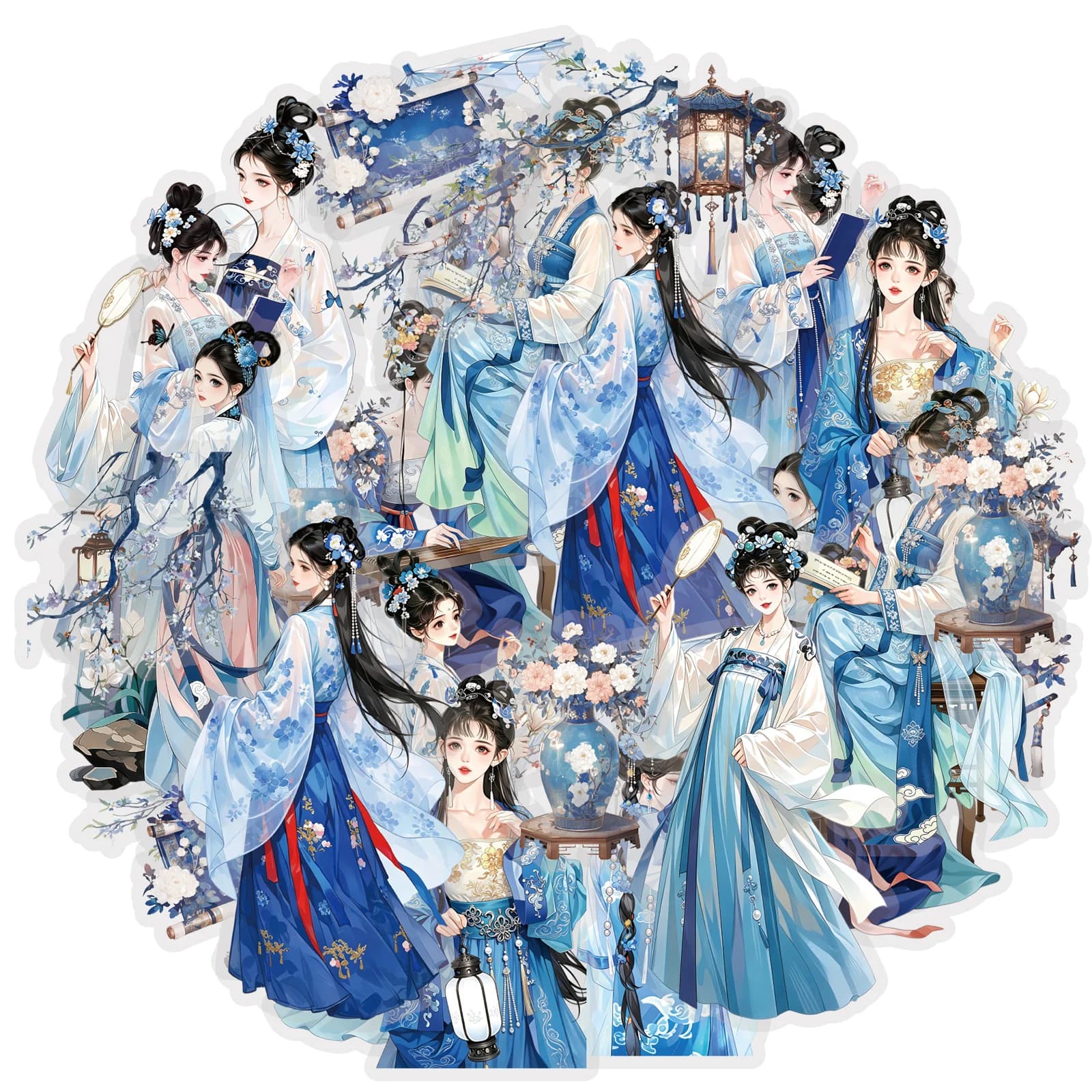 Etori Life 30pcs Dark Blue Artistic Chinese Ancient Style Girl Character Pattern PET Sticker Pack is suitable for DIY planners, notebooks, handbags, water bottles, photo albums, sticker books, office decoration items, Chinese aesthetics, children's stickers, Korean toys, gifts for friends, multi-purpose stickers