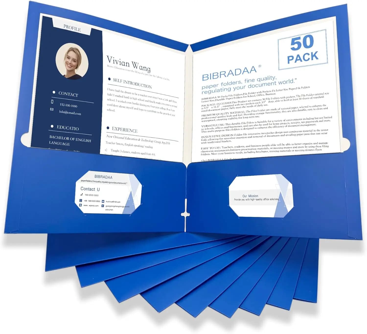 Confezione da 50 Cartelle Blu con Tasche, Impermeabili Formato Letter per Scuola, Ufficio e Archiviazione Aziendale
