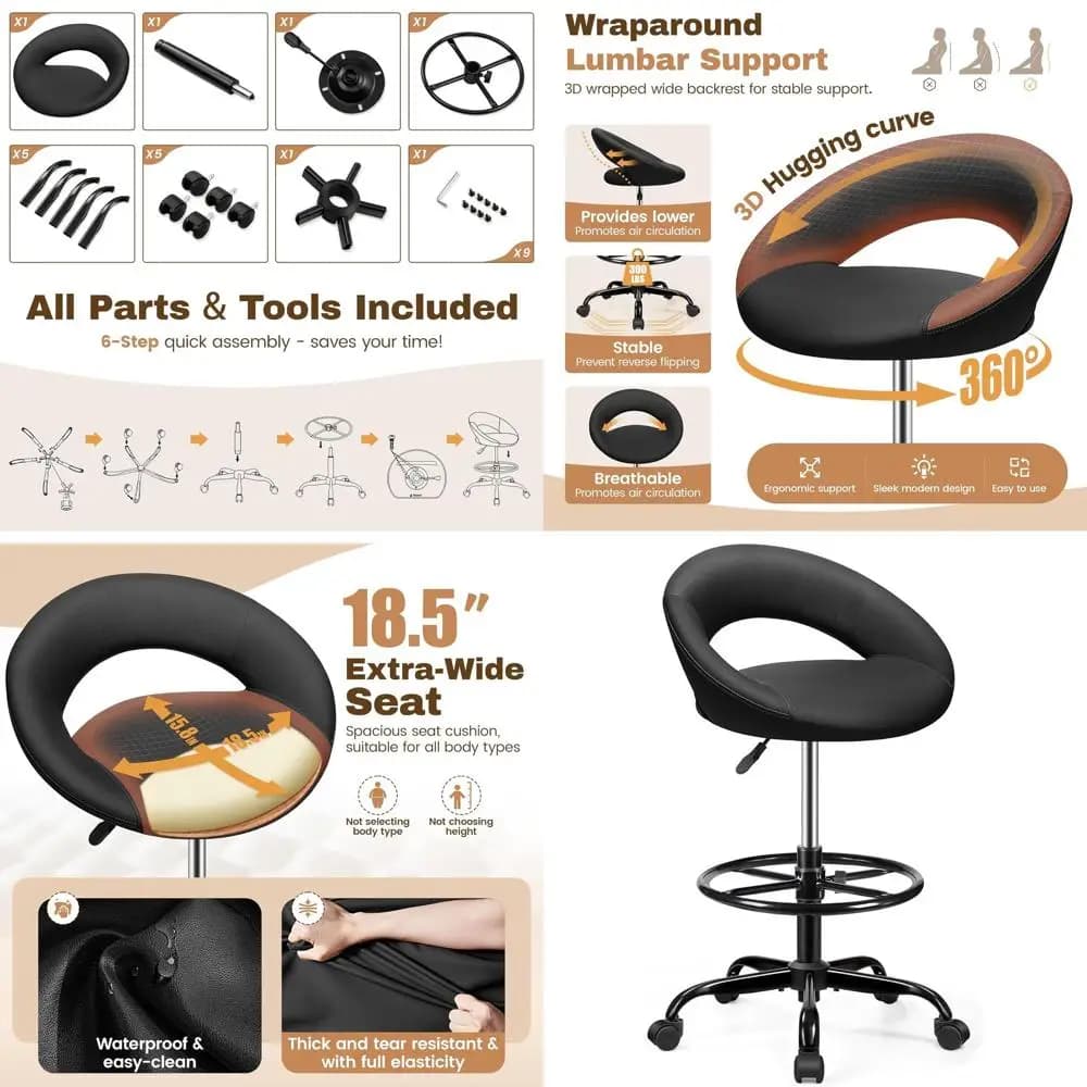 Sgabello da bar girevole regolabile con supporto per la schiena, sedia girevole per ufficio domestico, cucina e toeletta, nero, 1 pezzo.