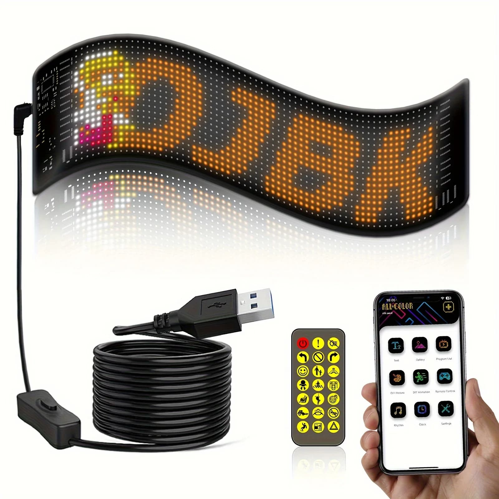 Pannello flessibile programmabile a matrice LED Segno USB Display a scorrimento APP Telecomando Pixel fai da te Schermo di testo Decorazione del negozio di auto