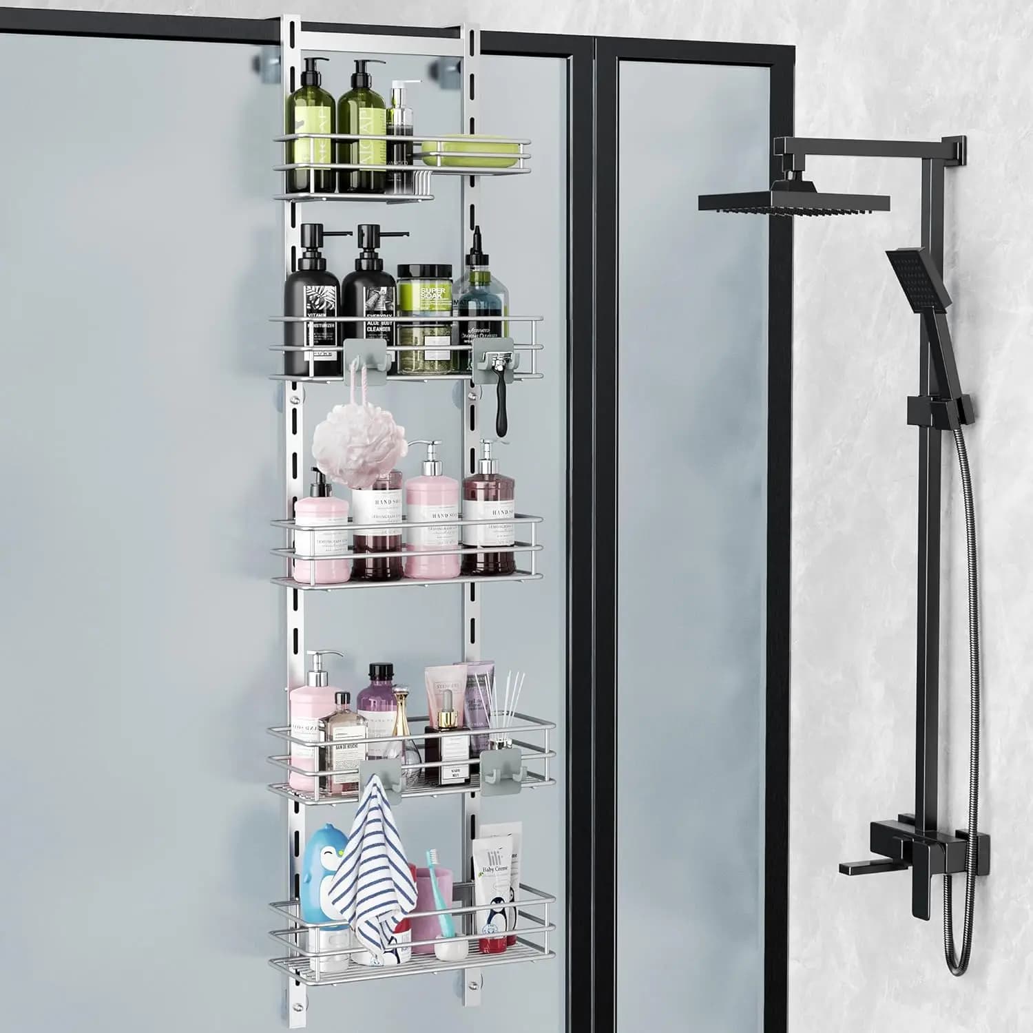 Organizzatore da Bagno a 5 Ripiani Regolabile da Appendere Sopra la Porta, Grigio Argento Antiruggine con Ganci e Ventosa