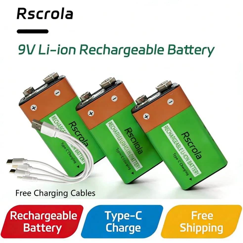 Batteria ricaricabile agli ioni di litio da 6800 mAh 9 V durevole non usa e getta con cavo di ricarica di tipo C, per rilevatore di fumo, allarme antincendio