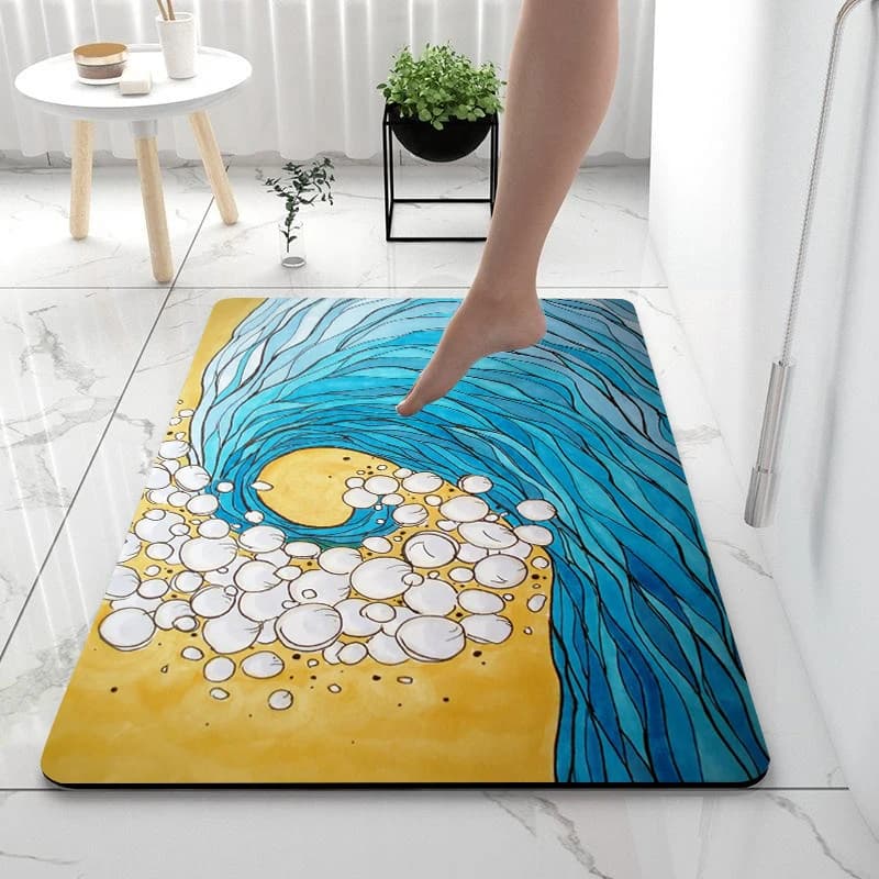 Tappetino con stampa a onde per bagno e cucina, super assorbente, ad asciugatura rapida, con retro in gomma, resistente allo sporco.