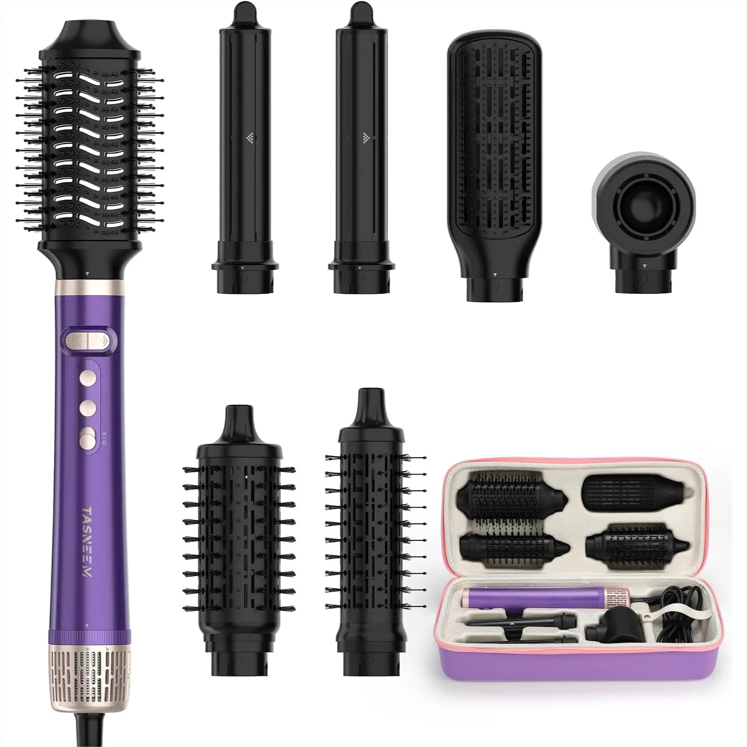 7-in-1 Hot Air Brush & Rotating Hair Dryer Styler with Auto-Wrap Curlers and Travel Case