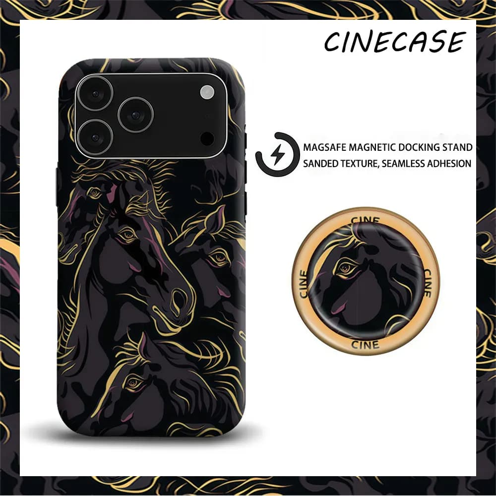 Cine Black Horse Gold 2-in-1 Matte For MagSafe Phone Case Matching PopSocket Grip Bumper For iPhone 17 16 15 14 13 Pro Max
