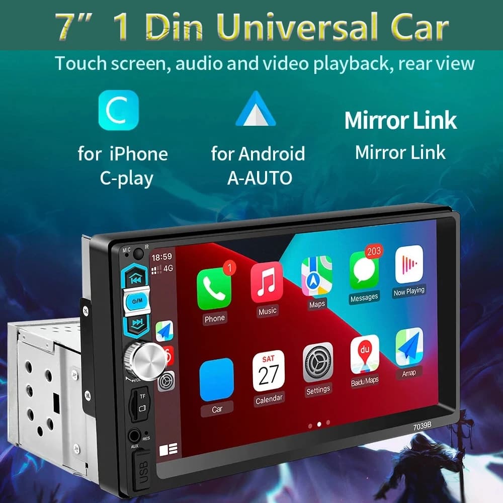 Universal Autoradio 1 Din with Touch Screen HD 7\", Stereo Bluetooth, USB, FM, ISO input, Aux, Mirror Link, MP5 player