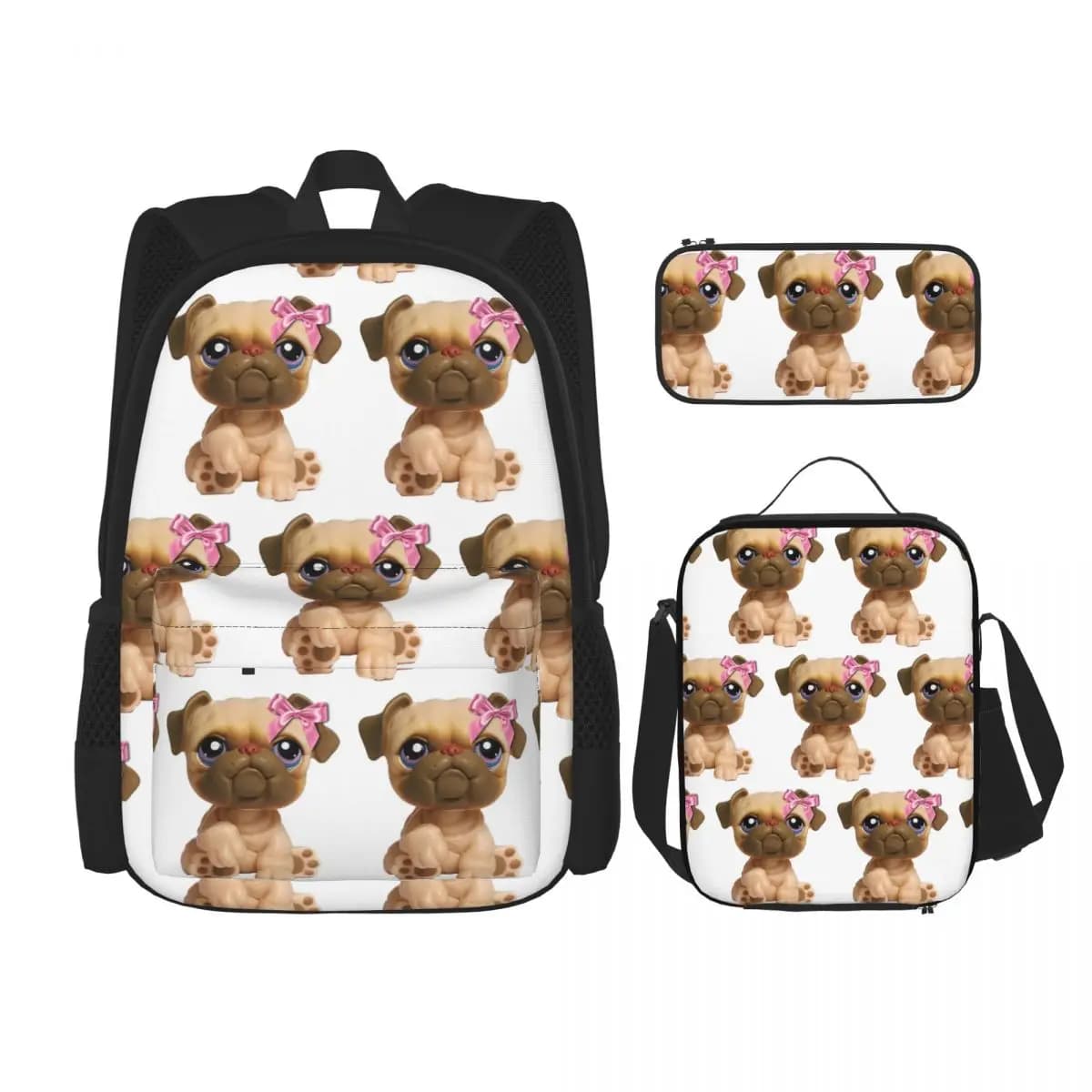 Coquette Littlest Pet Shop LPS Bulldog 451 Backpacks Boys Girls Bookbag School Bags Rucksack Lunch Bag Pen Bag Three-Piece Set