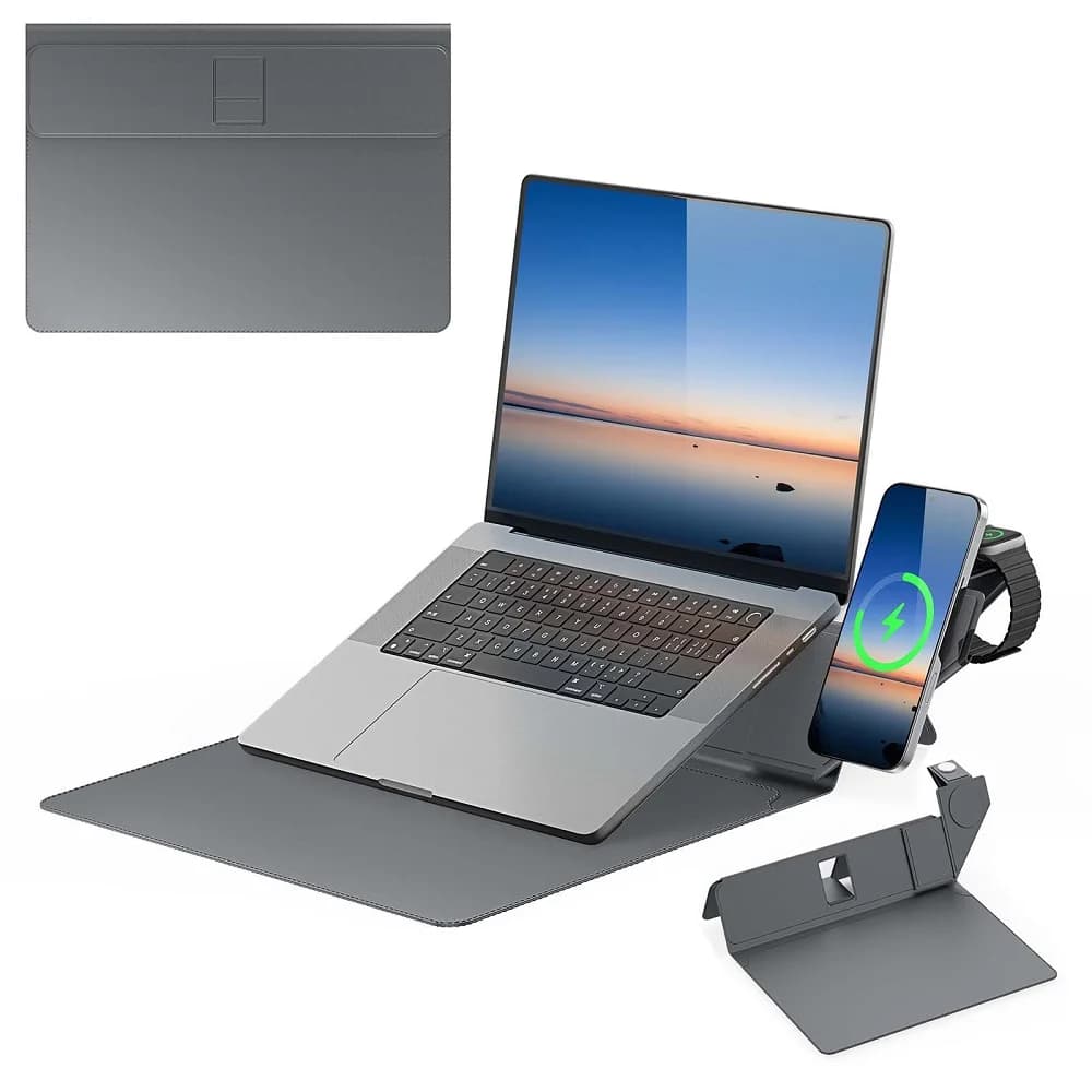 Custodia per Laptop Pieghevole con Supporto, Caricatore per Telefono 15W, Caricatore per Auricolari 5W, Caricatore per Smartwatch 2.5W, Porta Notebook Flip Pouch