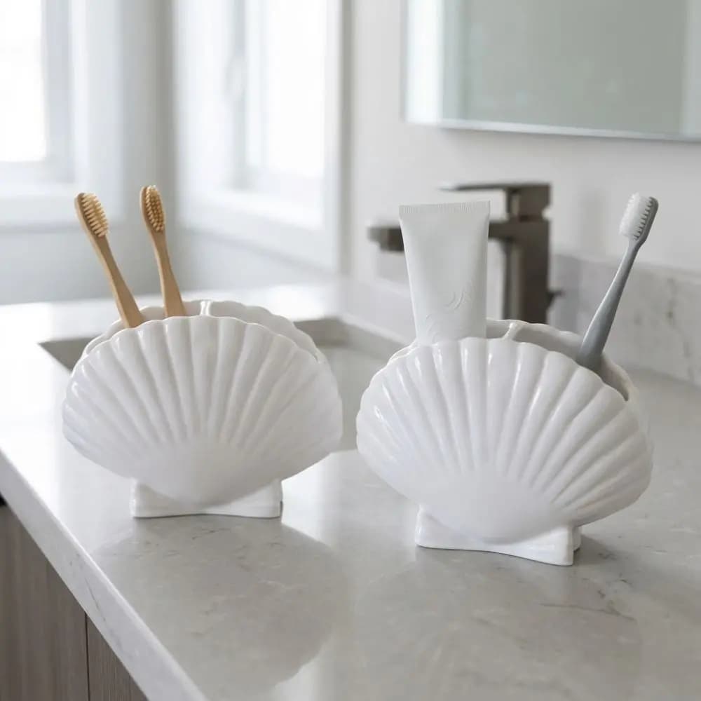 3D Seashell Shell Toothbrush Holder Coastal Style Aesthetic Toothpaste Toothbrush Stand Plastic Beach Theme Pen Holder Washbasin