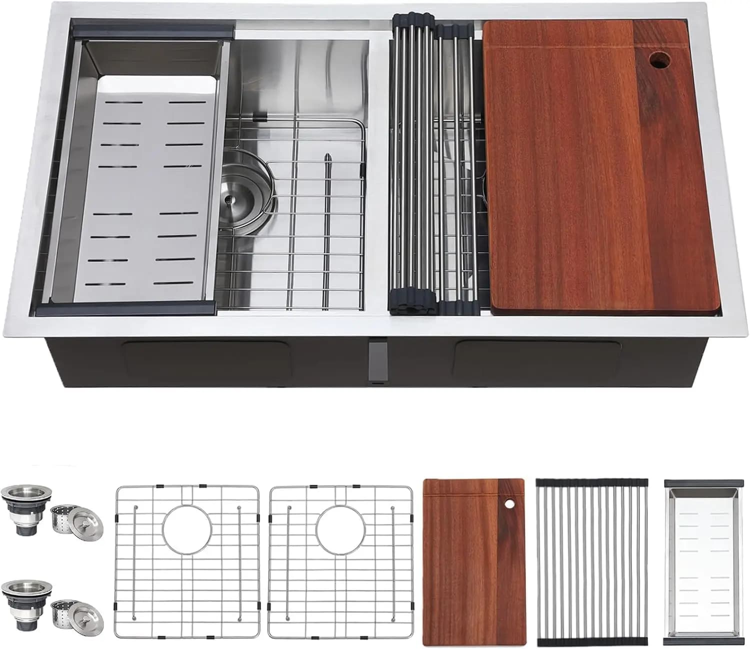 33 Inch Double Bowl Undermount Kitchen Sink, Workstation 16 Gauge Stainless Steel with Cutting Board, 9 Inch Deep
