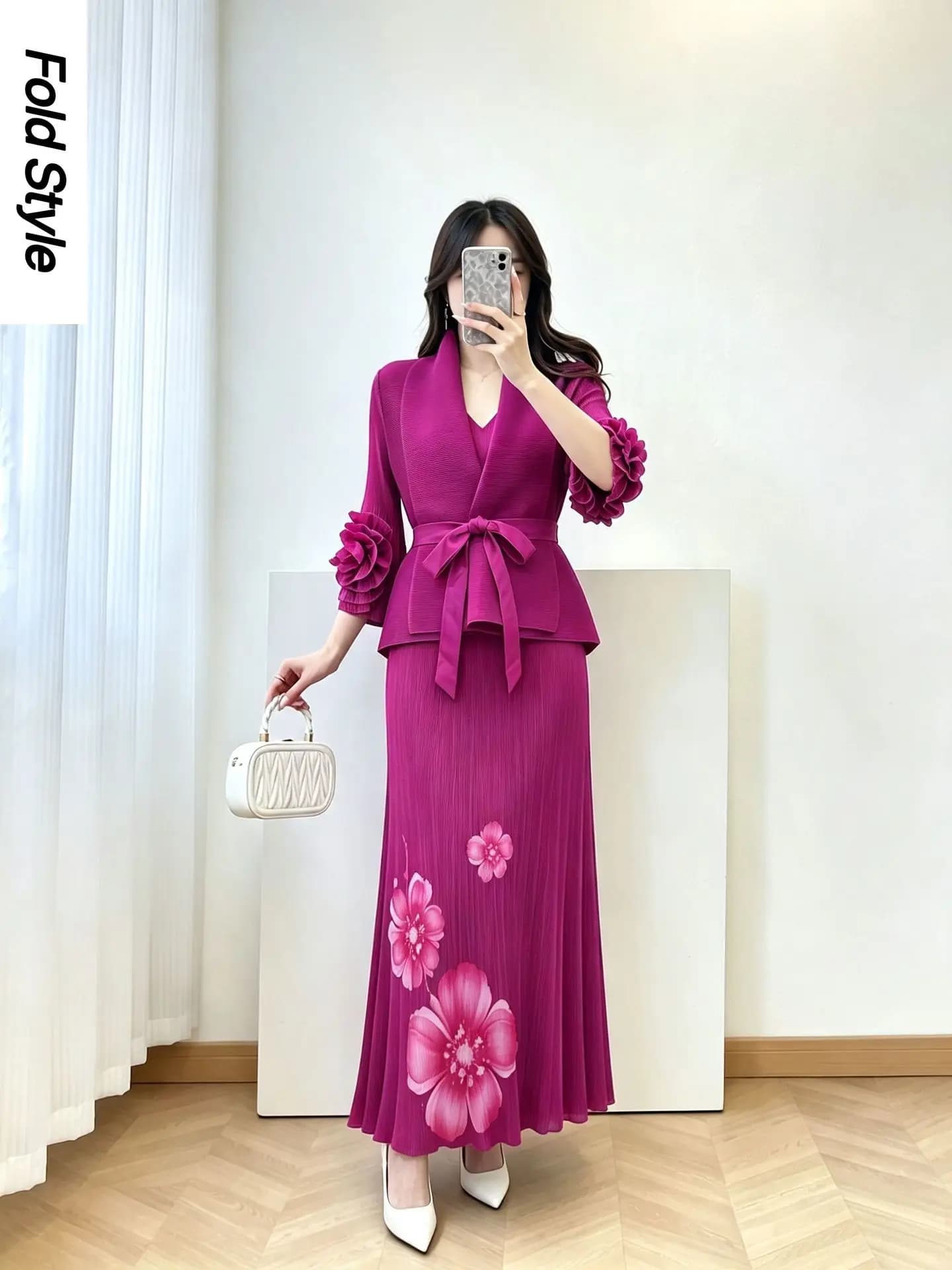 2026 Autumn New Peach Blossom Printing Solid Color Pleated Dress Two-piece Coat Skirt Waist Suit Women