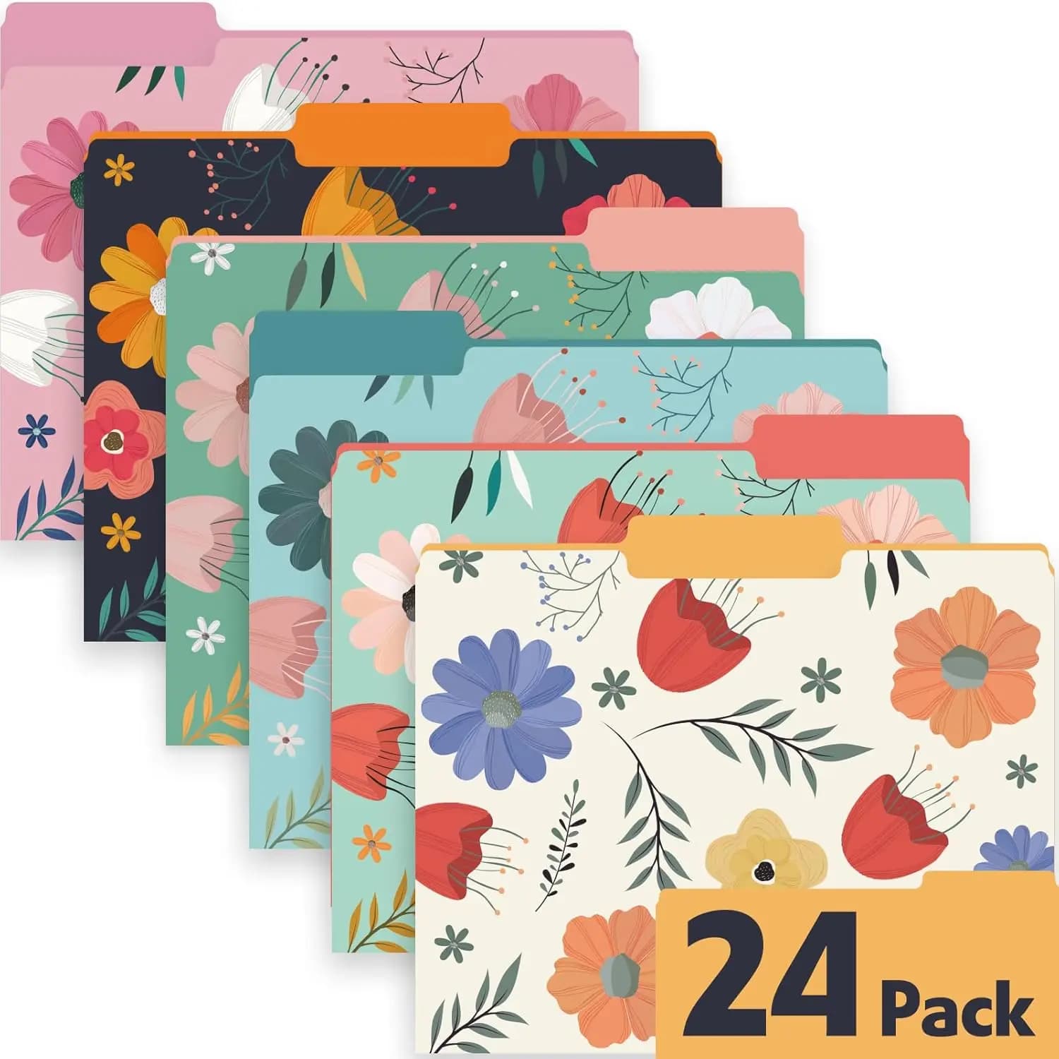 24 Pack Decorative File Folders Letter Size 8.8x11.6 Inch Floral Colored with 1/3 Cut Tab for Office School Business